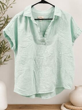 Style & Co Mint Green Gauze Cotton Blouse Large Boho Top